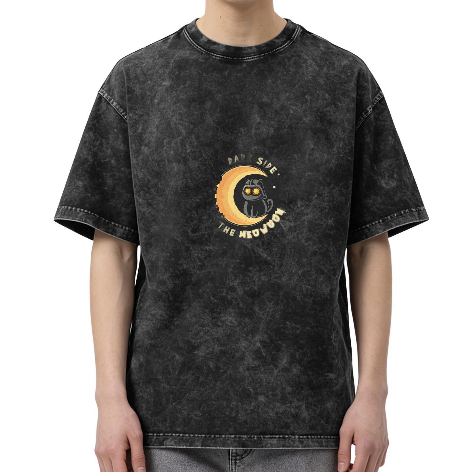 oversized dark wash graphic t-shirt with cat moon design