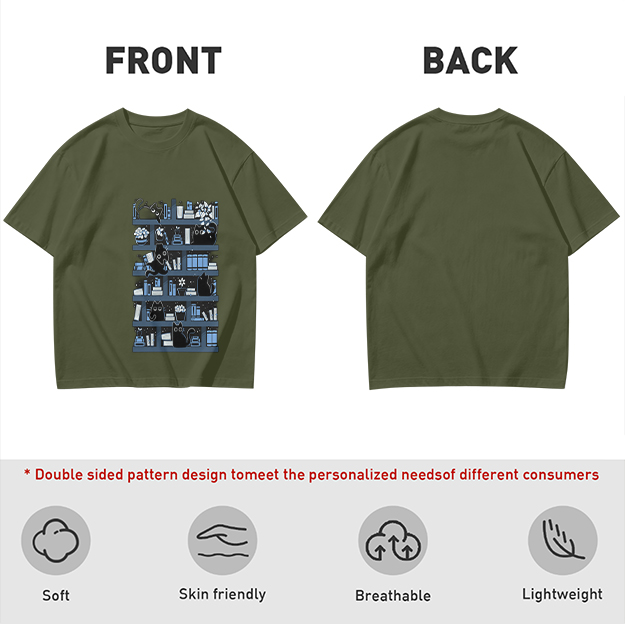 Olive Green T-Shirt With Black Cats On Bookshelves Graphic