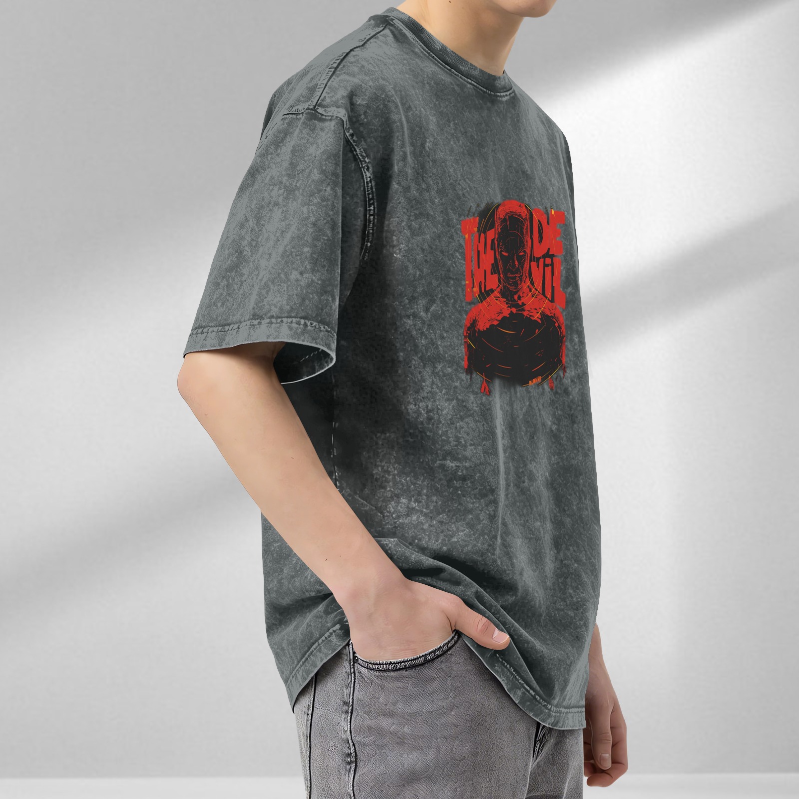Washed Black T-Shirt With Daredevil The Devil Graphic Print