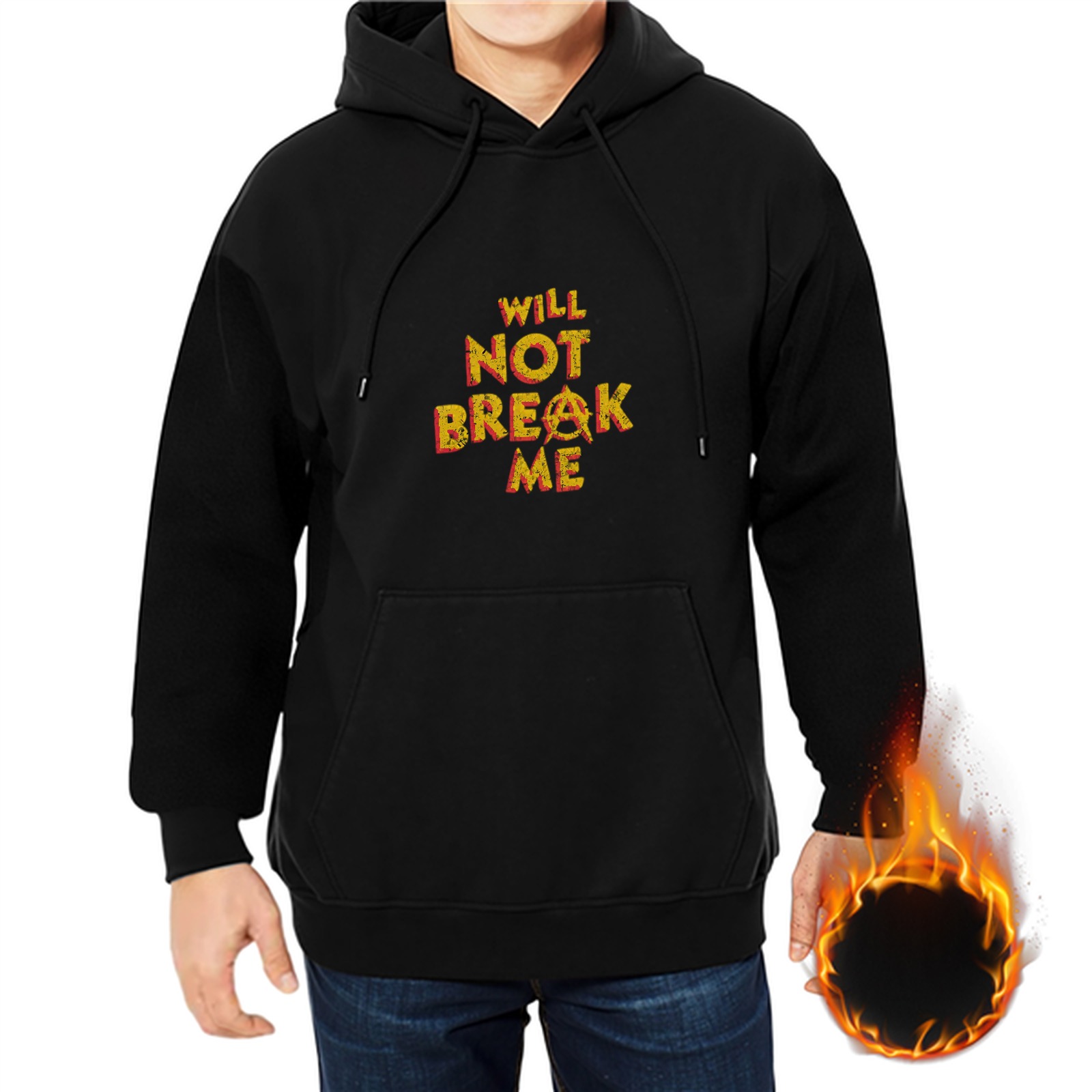 Black hoodie with 'Will Not Break Me' motivational text print