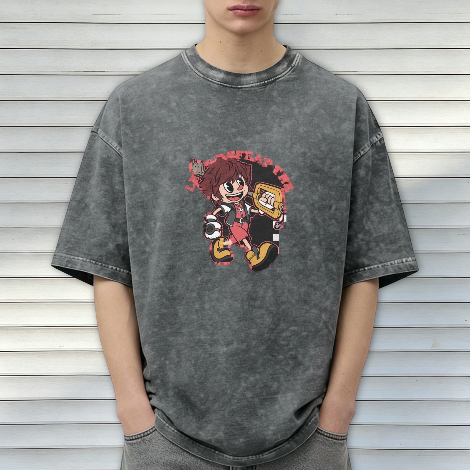 Oversized Vintage Wash T-Shirt with Cartoon Keyblade Character Print