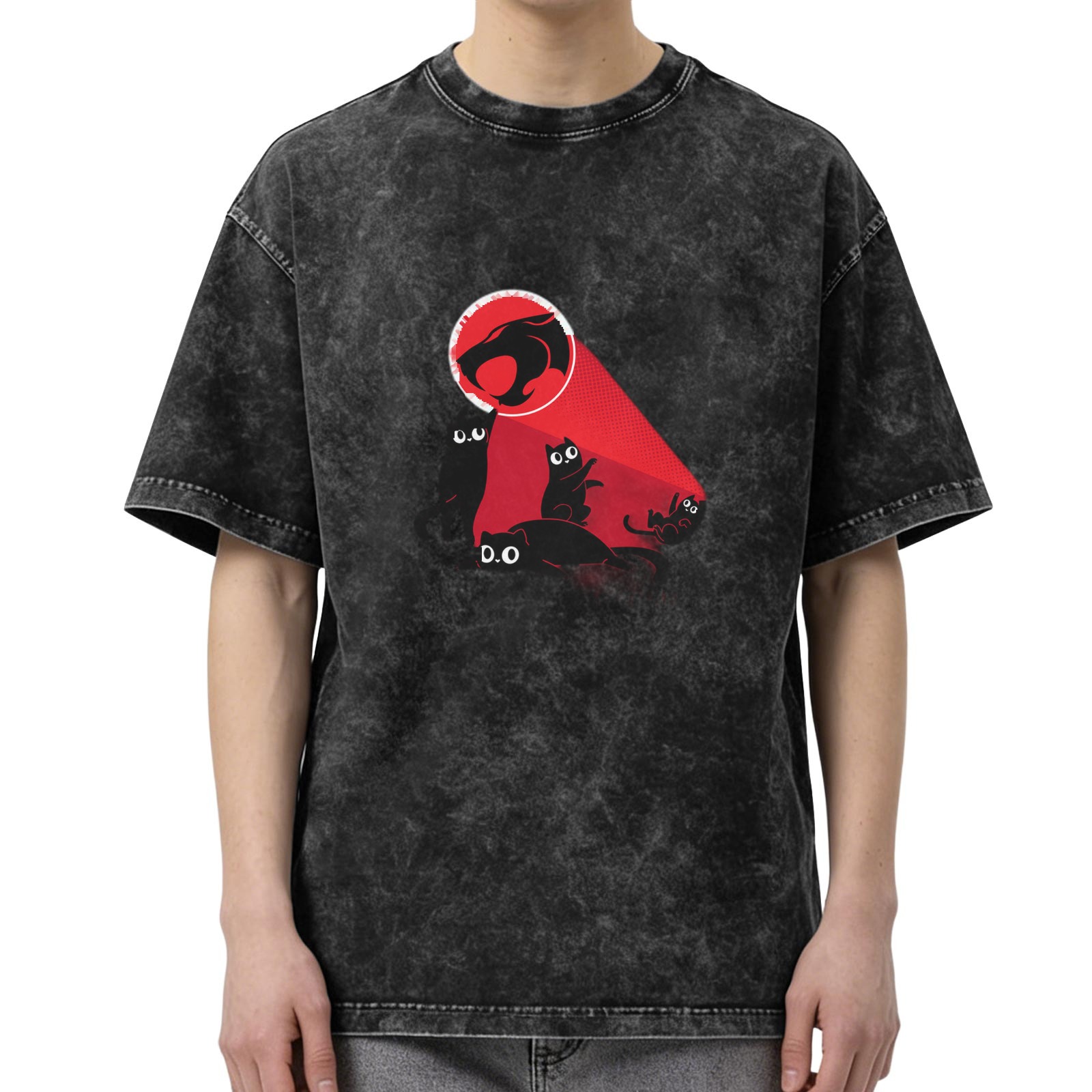 Washed Black Oversized T-Shirt With Red Cat Graphic Design