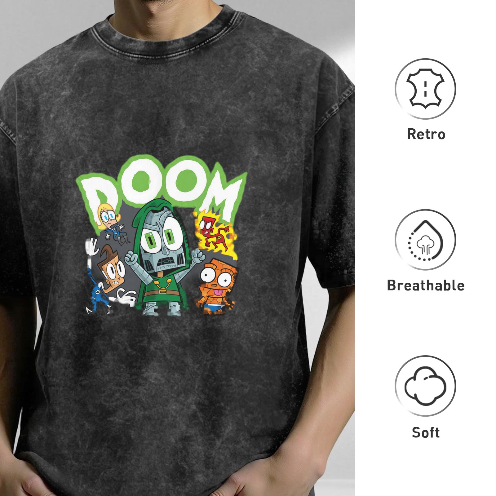 Washed Black T-Shirt With Chibi Doom And Fantastic Four Artwork
