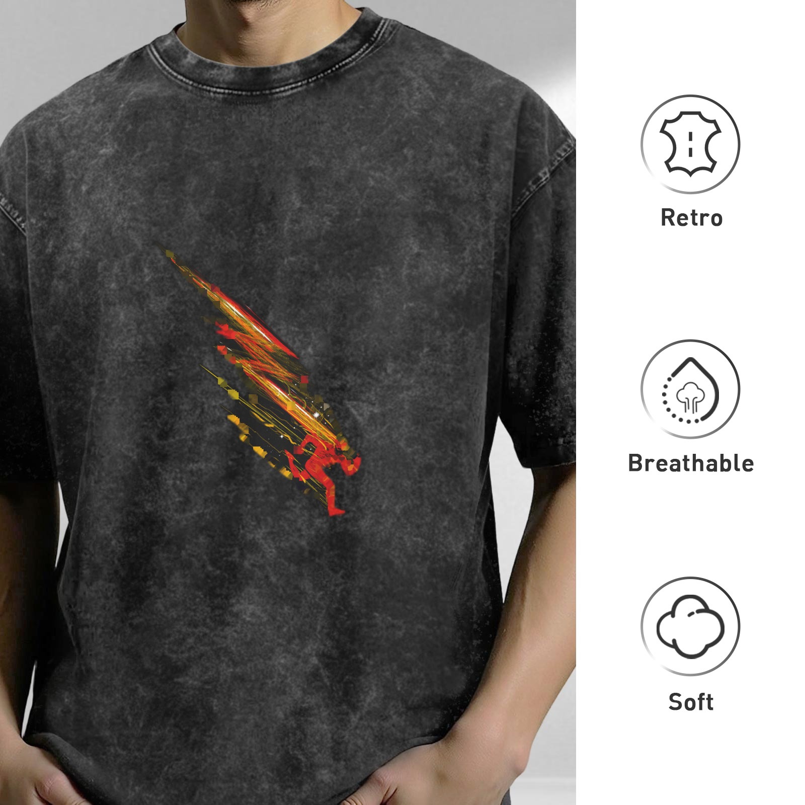 Oversized acid wash t-shirt with speedster running graphic