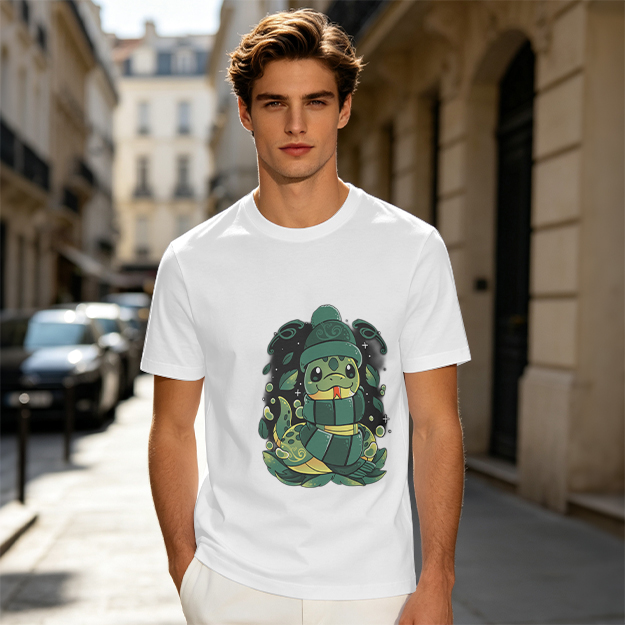 Olive Green T-Shirt With Cute Cartoon Snake Graphic
