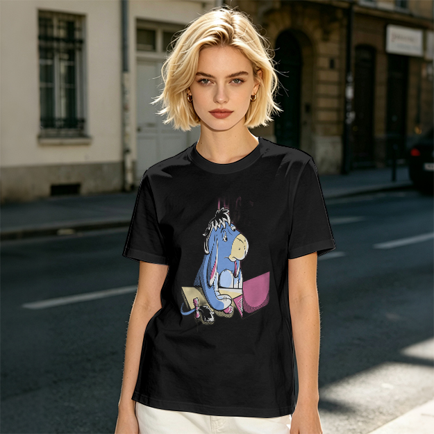 Olive T-Shirt Featuring Eeyore Using a Laptop
