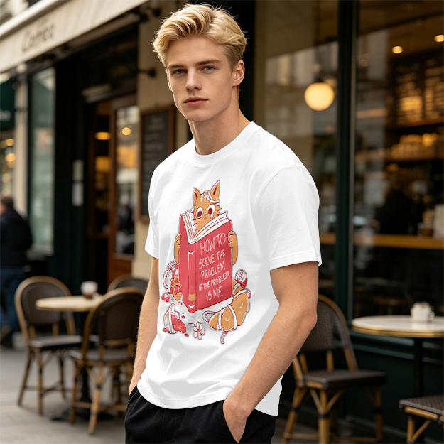 Olive T-Shirt With Ginger Cat Reading Self-Help Book Print