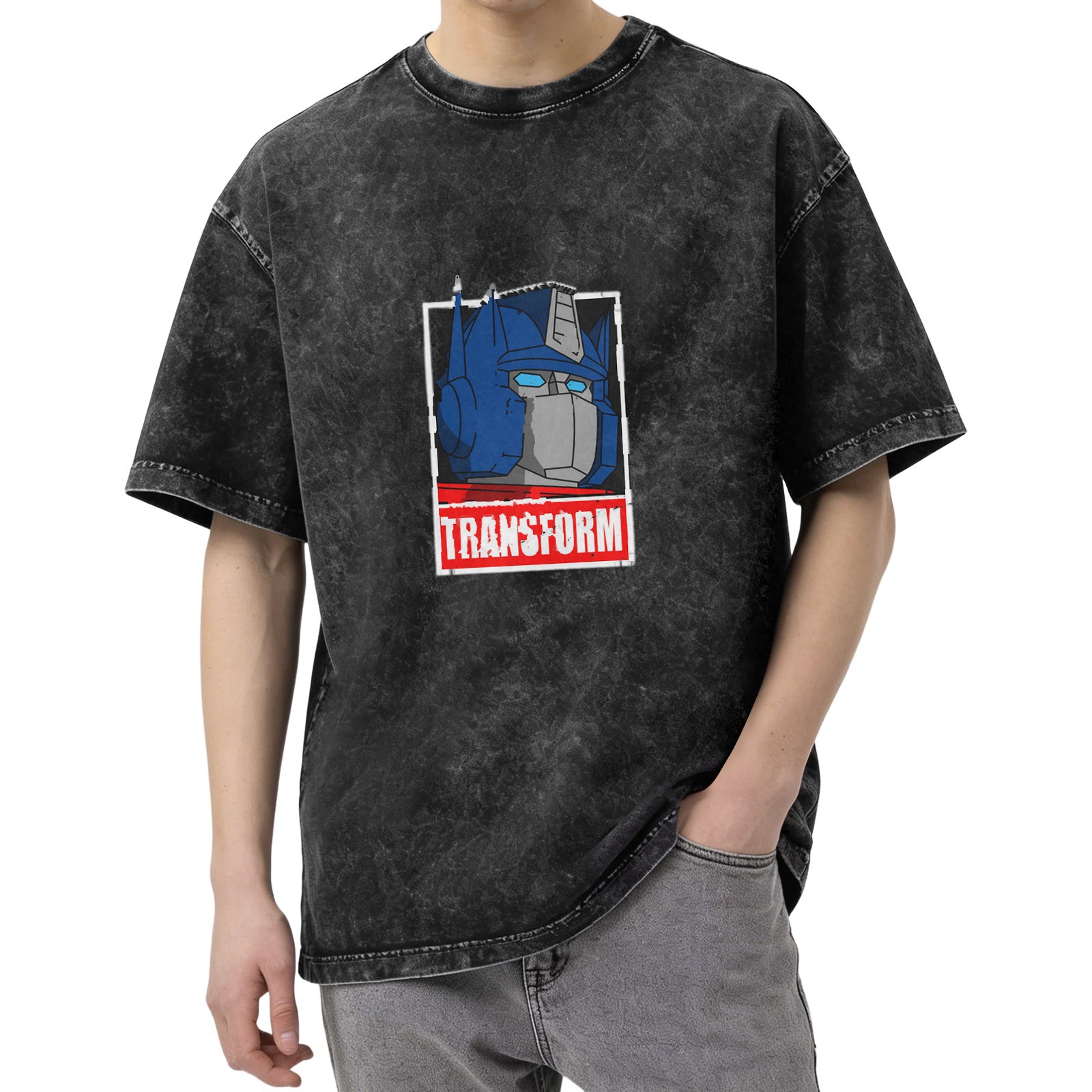 Washed Black T-Shirt with Optimus Prime Graphic and Transform Text