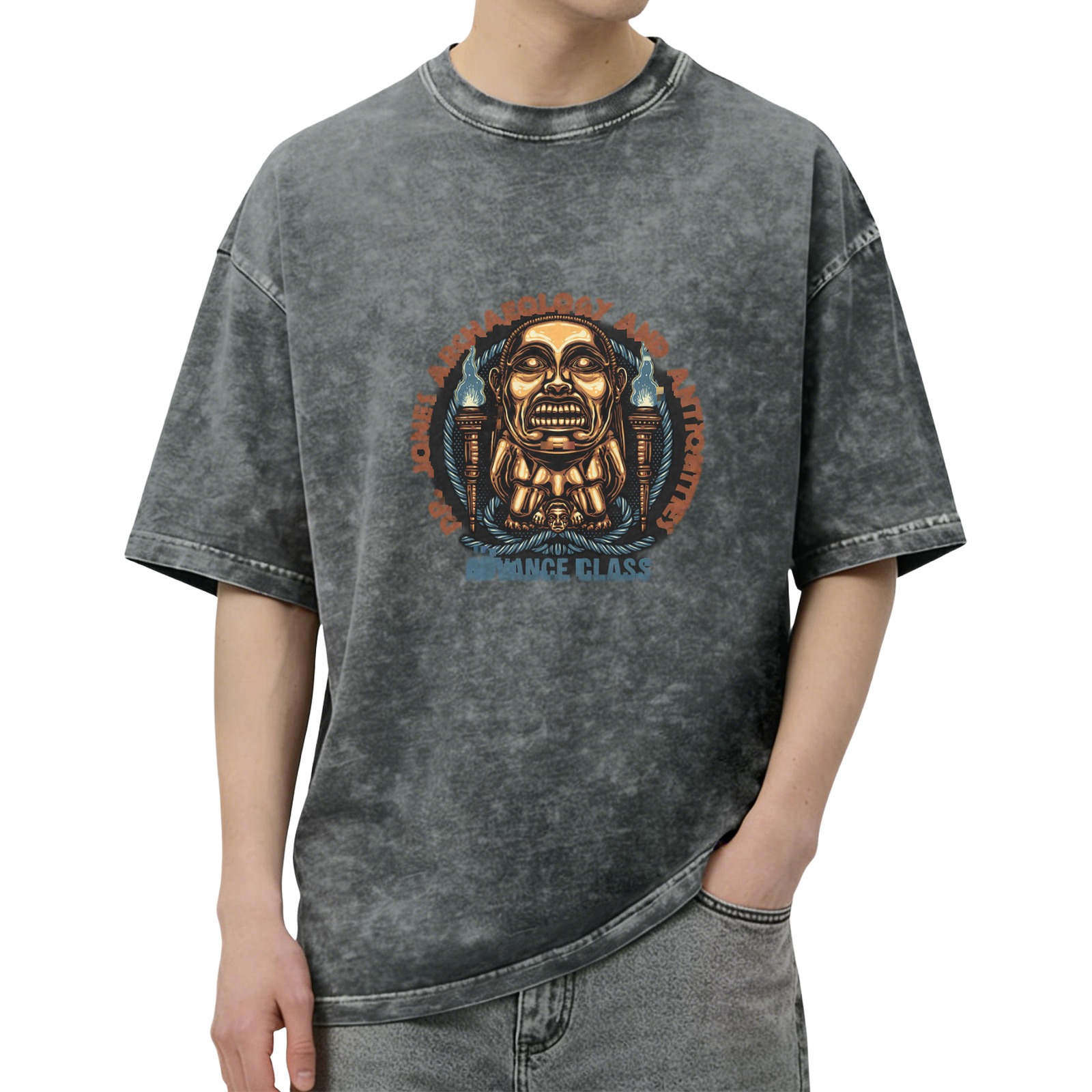 Washed Black T-Shirt with Ancient Idol Archaeology Graphic