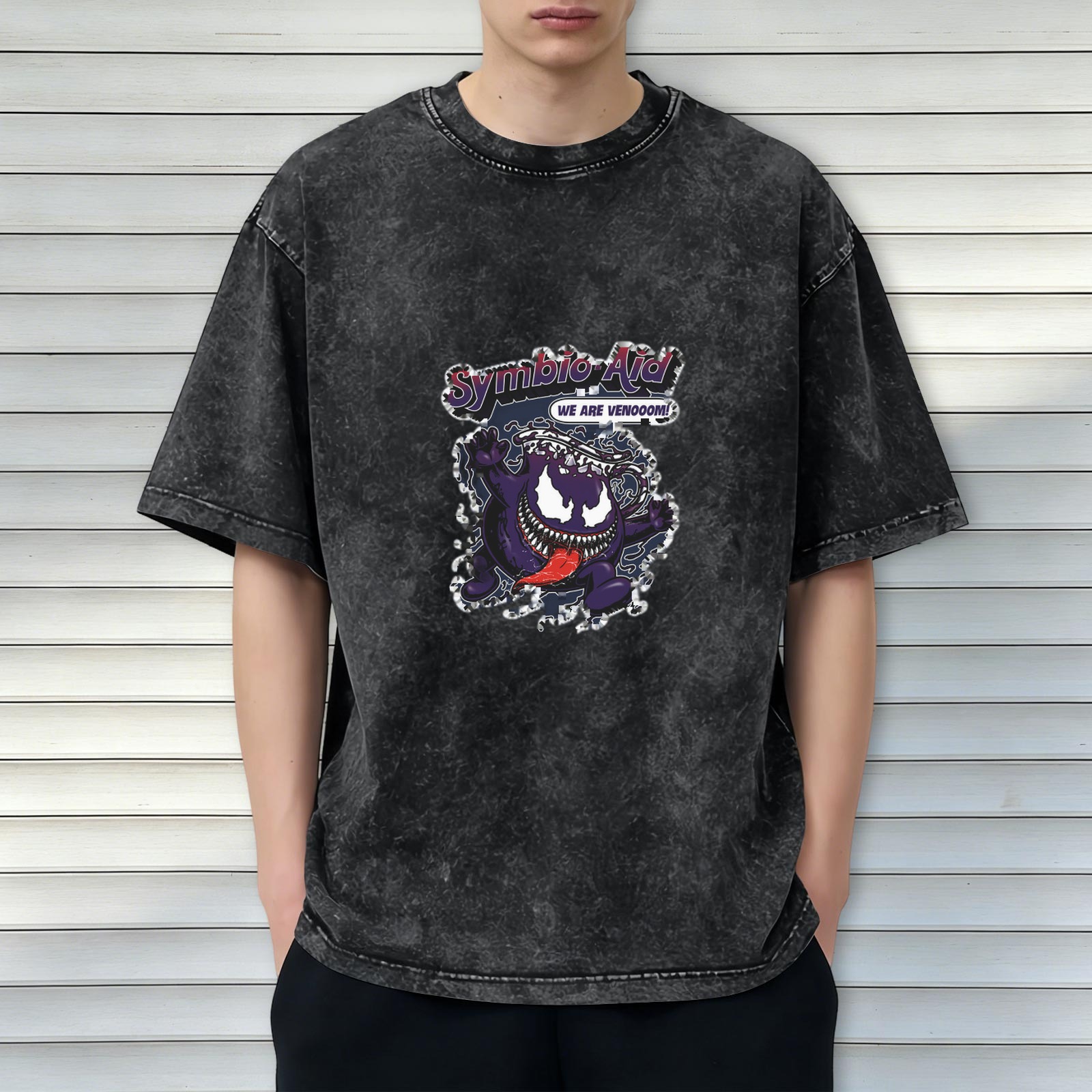 Washed Black Graphic T-Shirt with Symbiote 'Symbio-Aid' Design