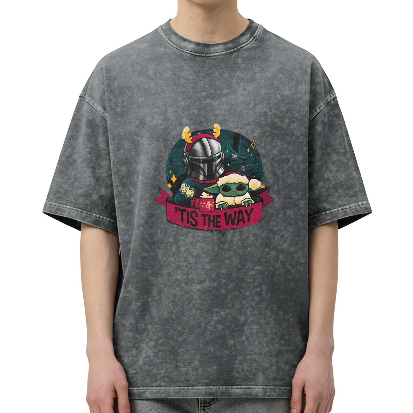 Star Wars Mandalorian & Grogu 'Tis The Way Christmas Graphic Oversized Stone Wash T-Shirt