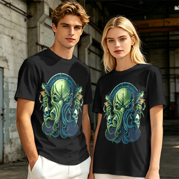 Olive Green T-Shirt With Cthulhu Skull Graphic Print