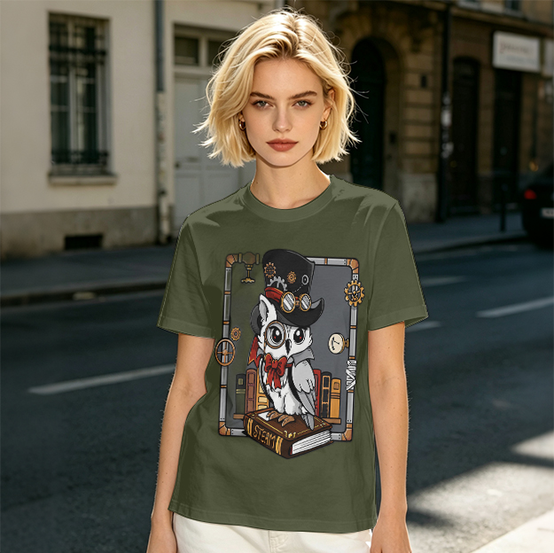 Owl in Steampunk Attire on Book Graphic Tee