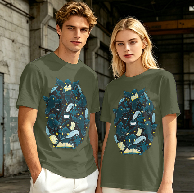 Olive T-Shirt With Whimsical Crow And Stationery Print