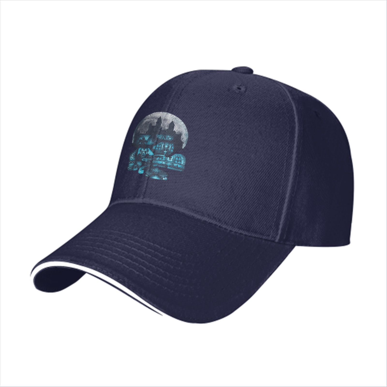 Black Baseball Cap With Haunted Mansion Skull Moon Graphic