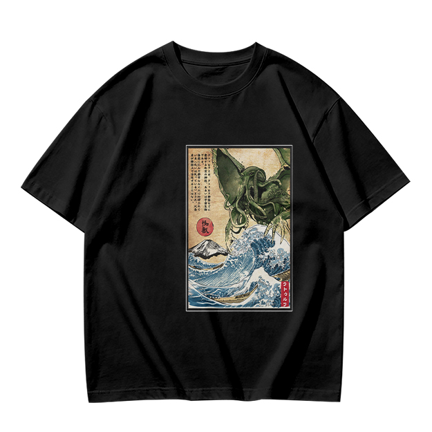 Olive T-shirt with Japanese ukiyo-e style Cthulhu wave print