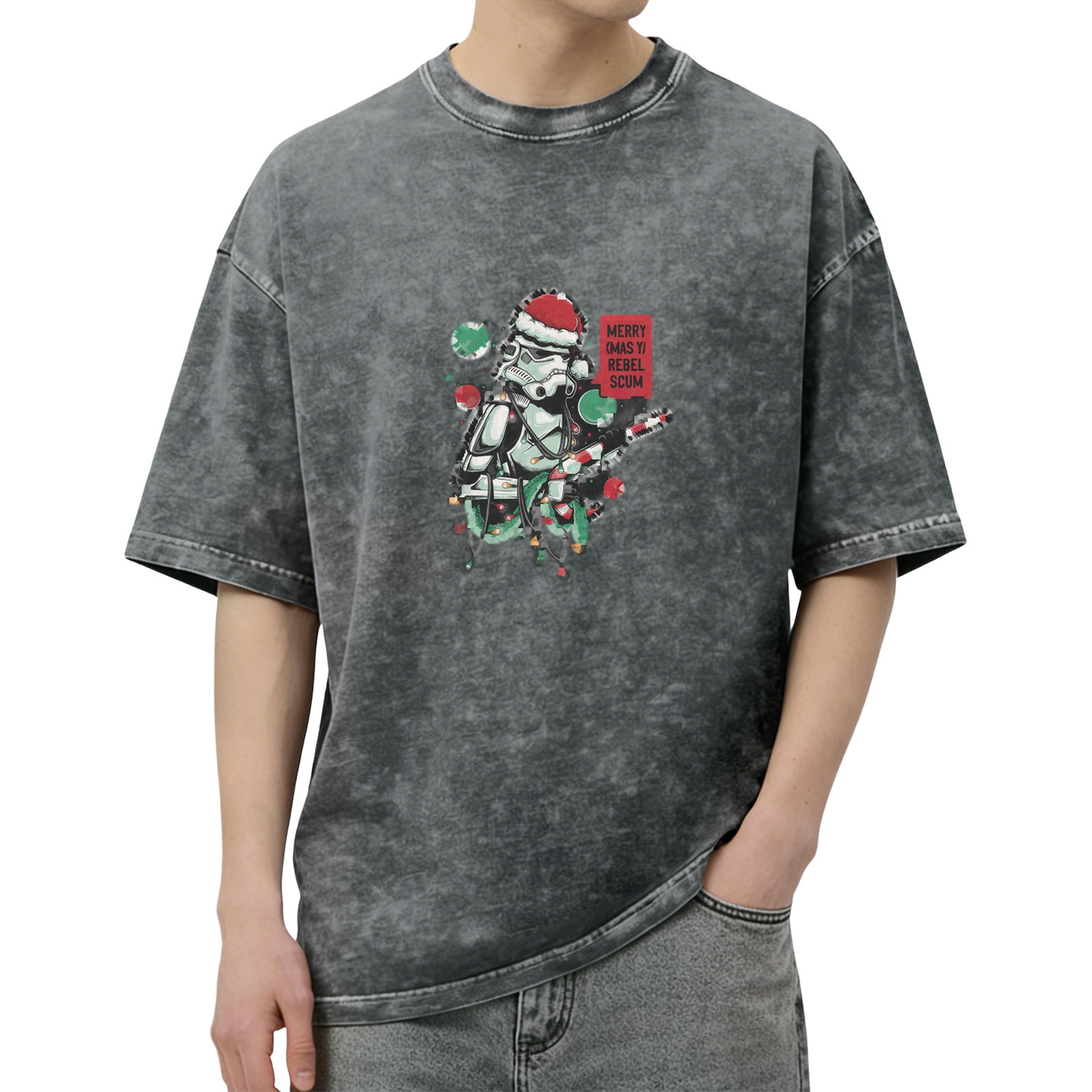 Star Wars Stormtrooper Christmas Graphic Oversized Stone Wash T-Shirt - 'Merry Sithmas Rebel Scum' Festive Holiday Tee