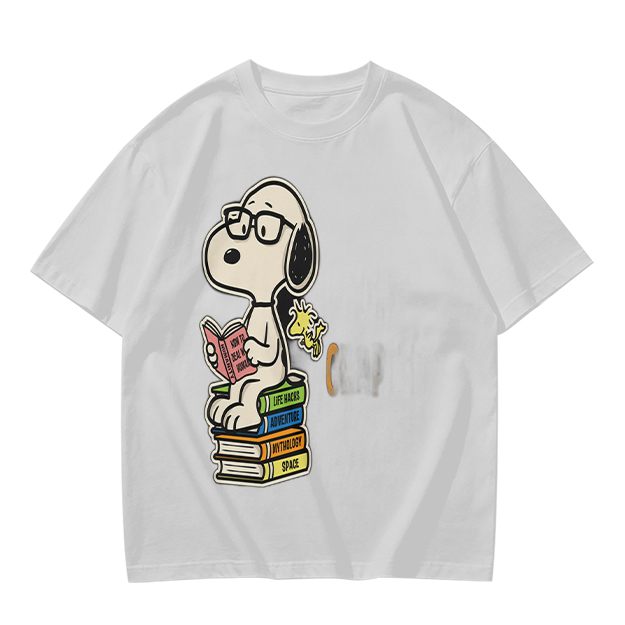 Olive T-shirt with Snoopy reading on stack of books