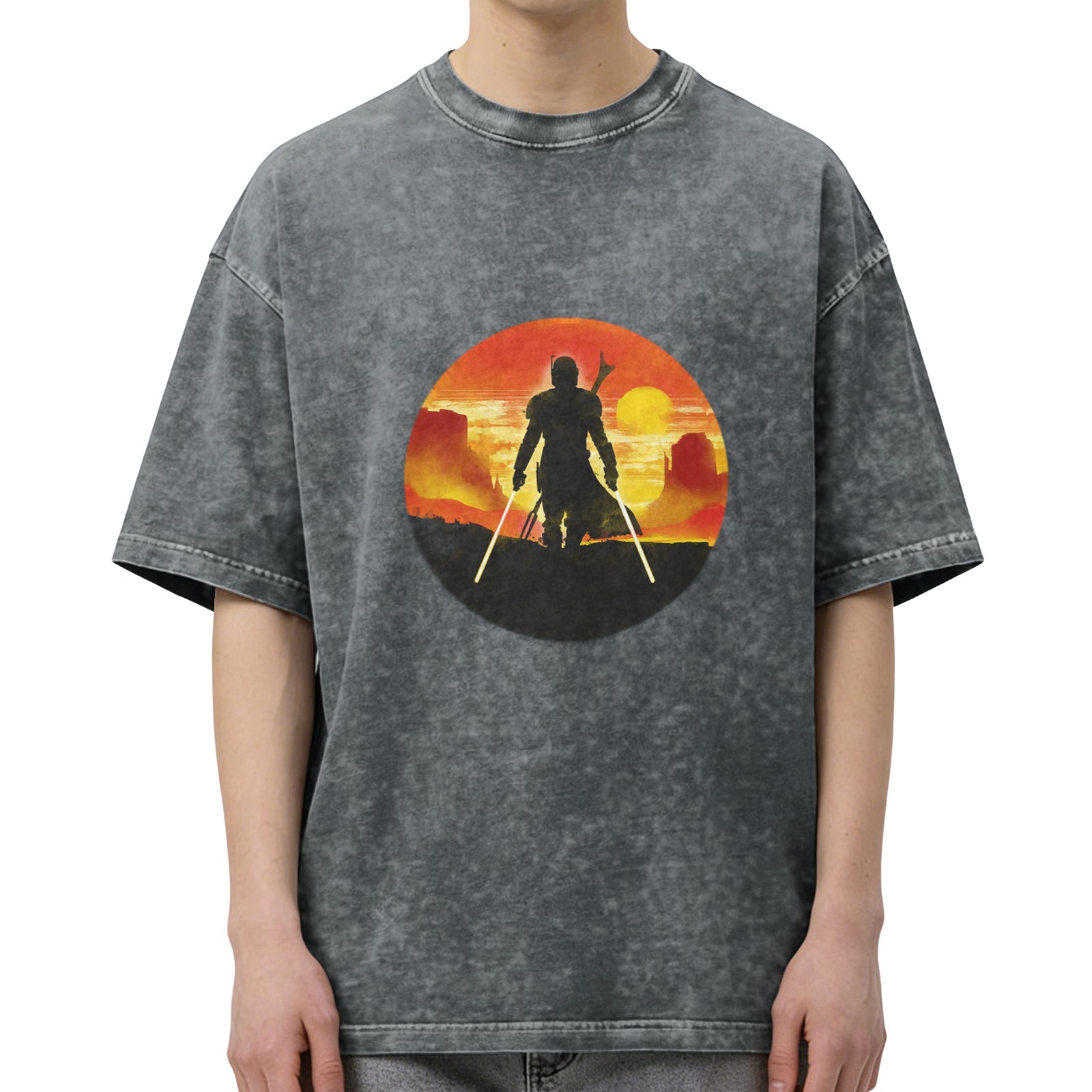 Washed Black T-Shirt with Mandalorian Sunset Silhouette Print