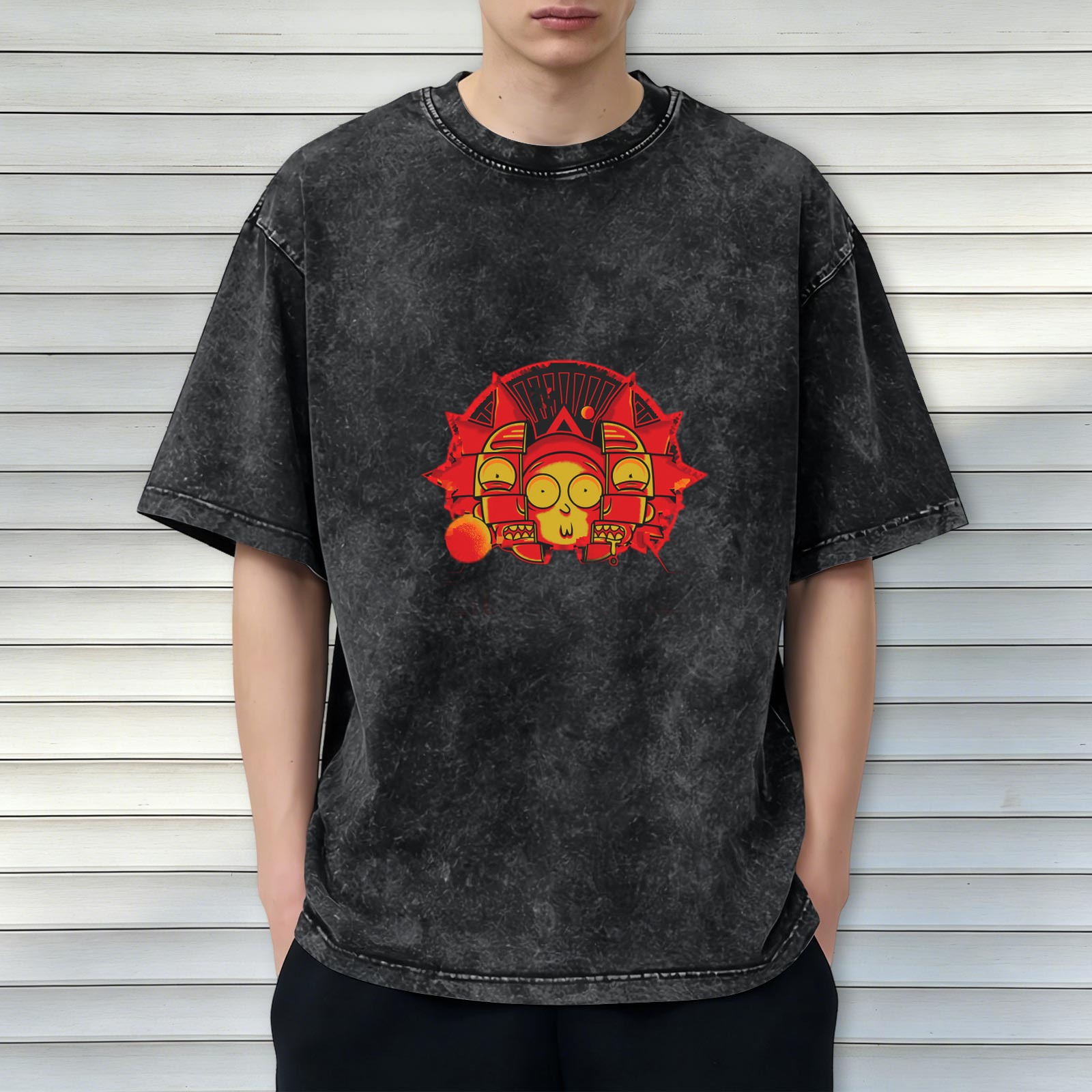 Washed Black T-Shirt With Red And Yellow Cartoon Graphic Print
