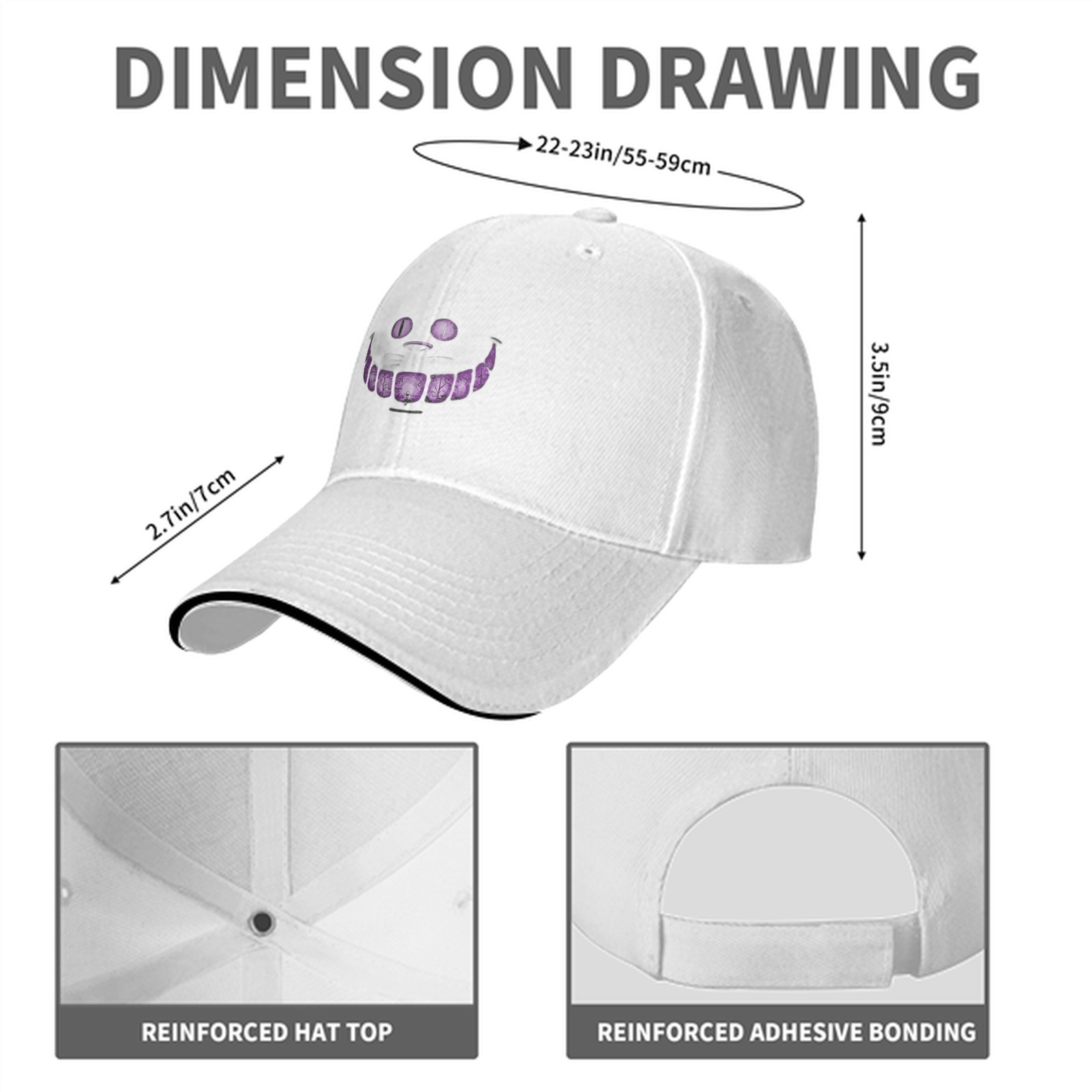 Black Baseball Cap with Cheshire Cat Purple Grin Print