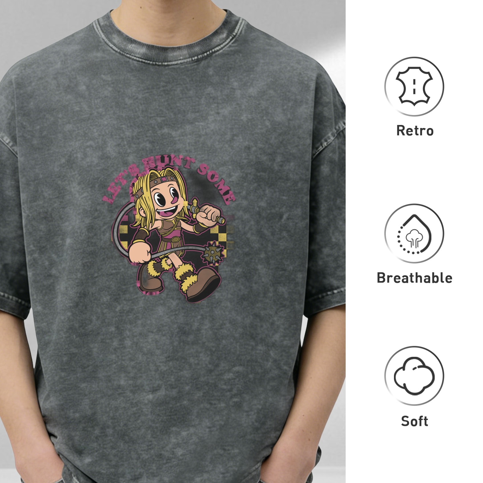 Washed black graphic t-shirt with cartoon warrior and 'LET'S HUNT SOME' text