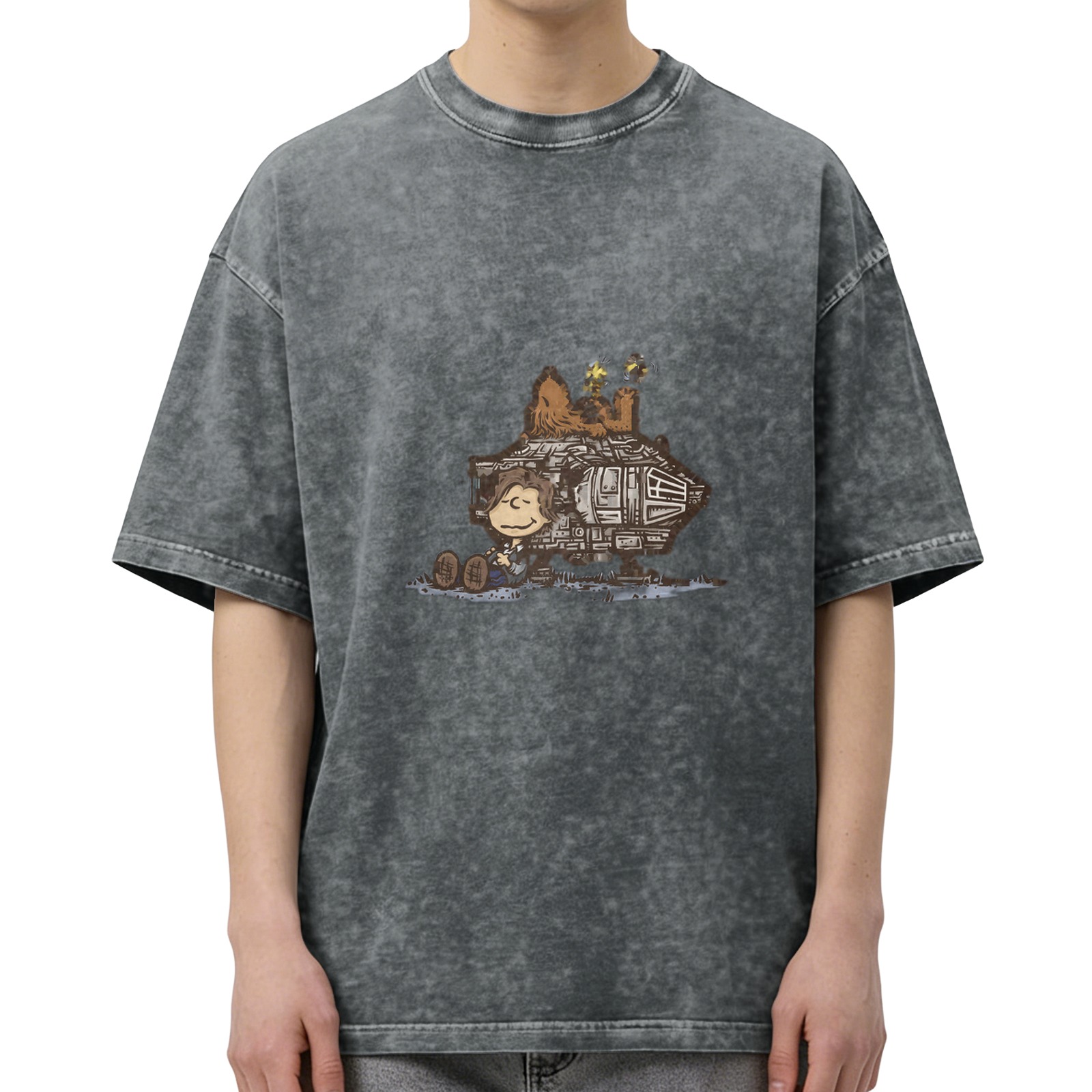 Distressed washed black short-sleeved T-shirt, co-branded Peanuts comic Star Wars themed print, casual loose round neck top