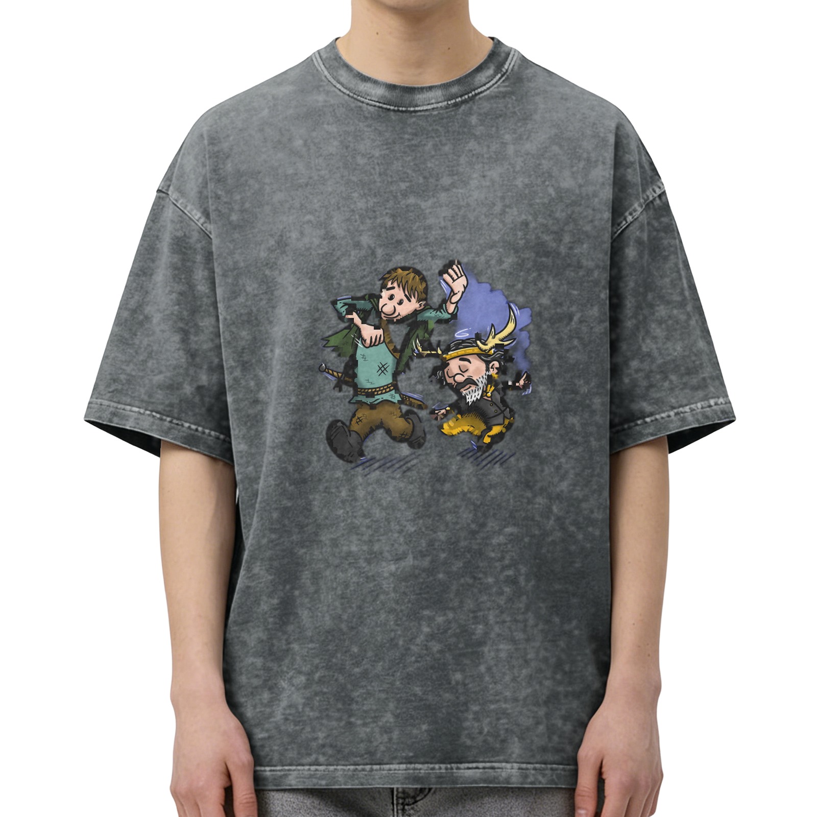 Washed Black T-Shirt With Cartoon Fantasy Character Print