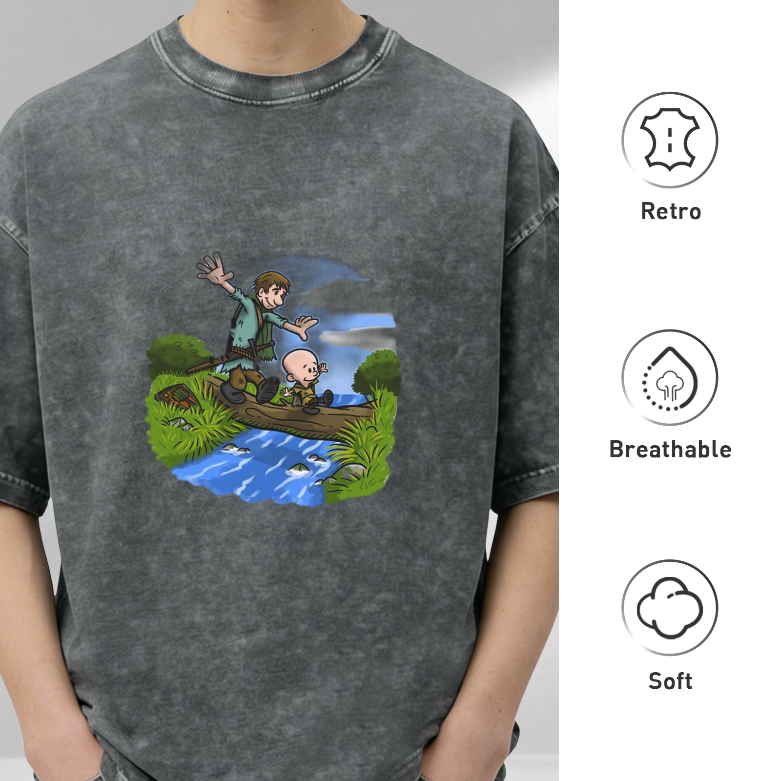 Washed Black T-Shirt With Cartoon Boys Crossing Stream Art