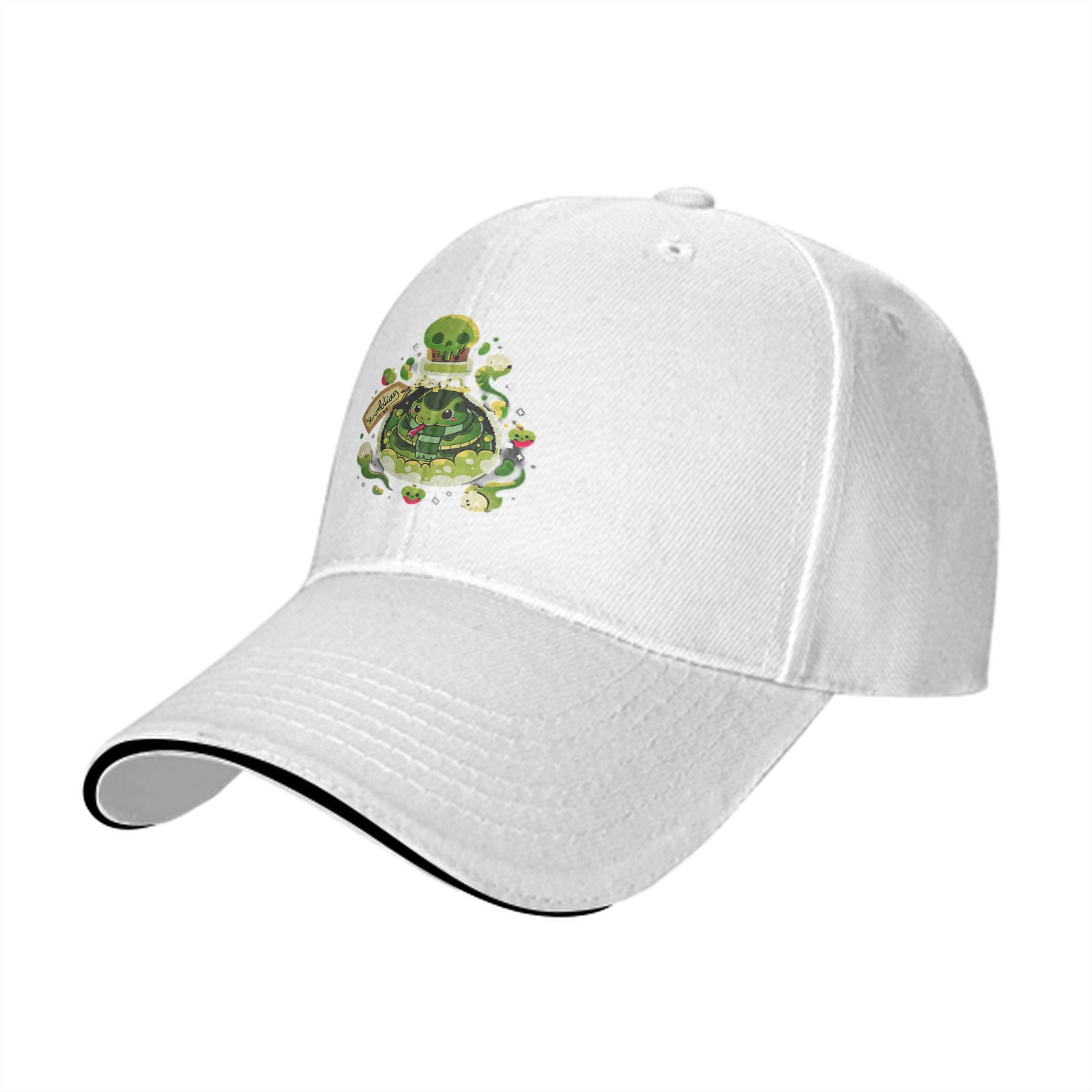 Black baseball cap with green snake potion bottle graphic