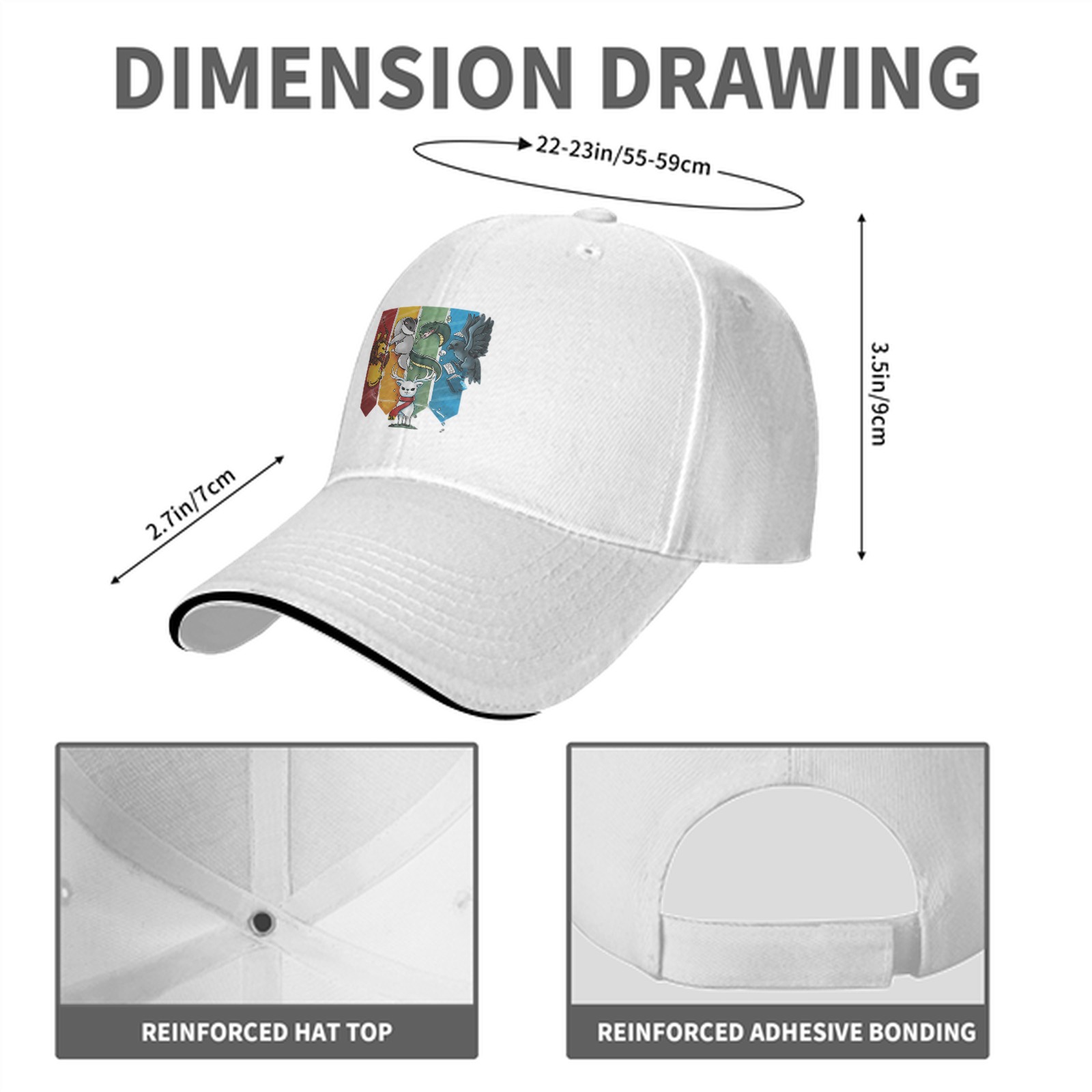 Black baseball cap with Harry Potter house mascots graphic