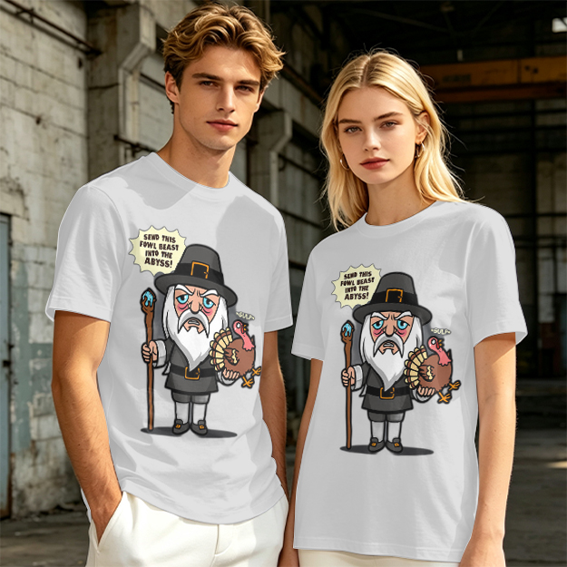 Wizard Pilgrim Holding Turkey Funny Thanksgiving T-Shirt Design