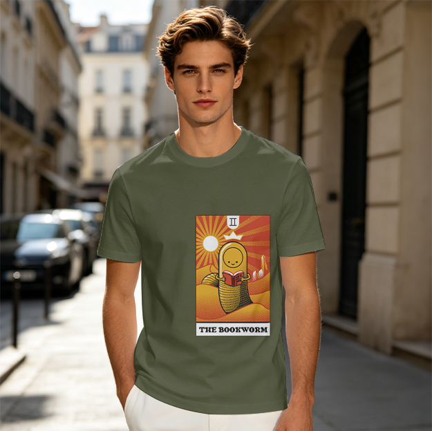 Olive T-Shirt With The Bookworm Tarot Style Graphic Print