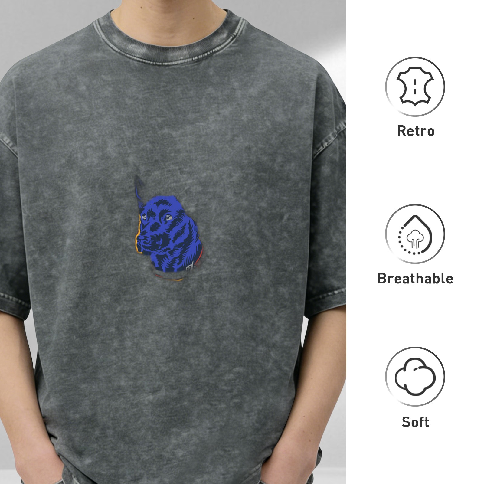 Oversized Acid Wash T-Shirt With Blue Dog Head Graphic