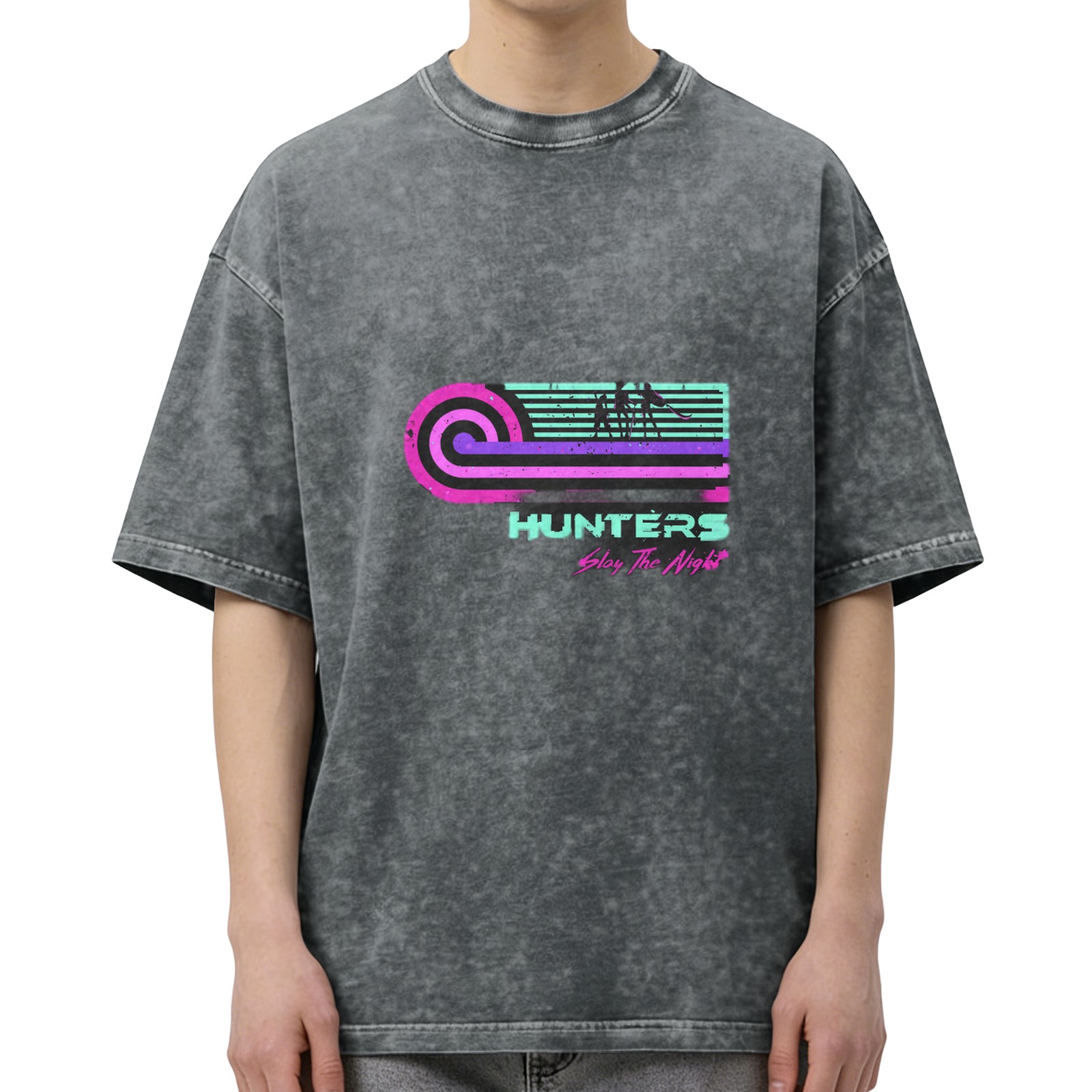 Washed Black T-Shirt with Retro Hunters Slay The Night Graphic