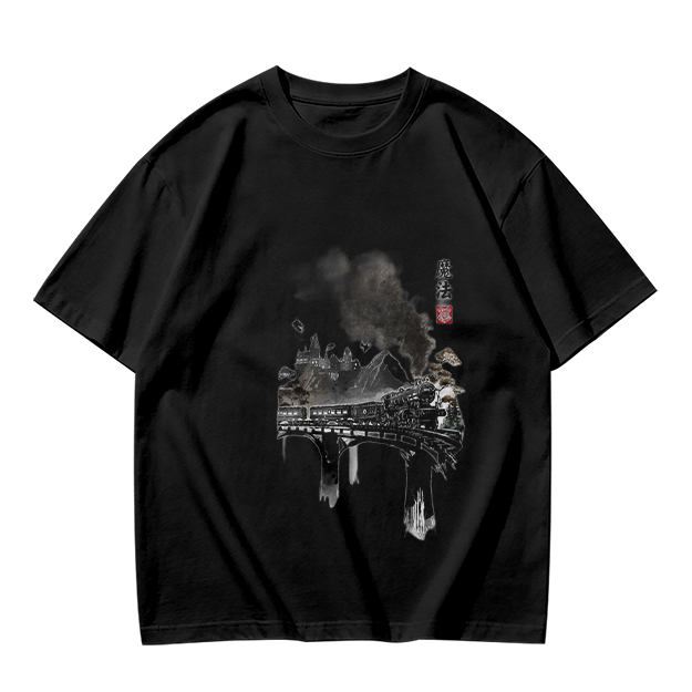 Olive green t-shirt with ink-style piano and landscape graphic
