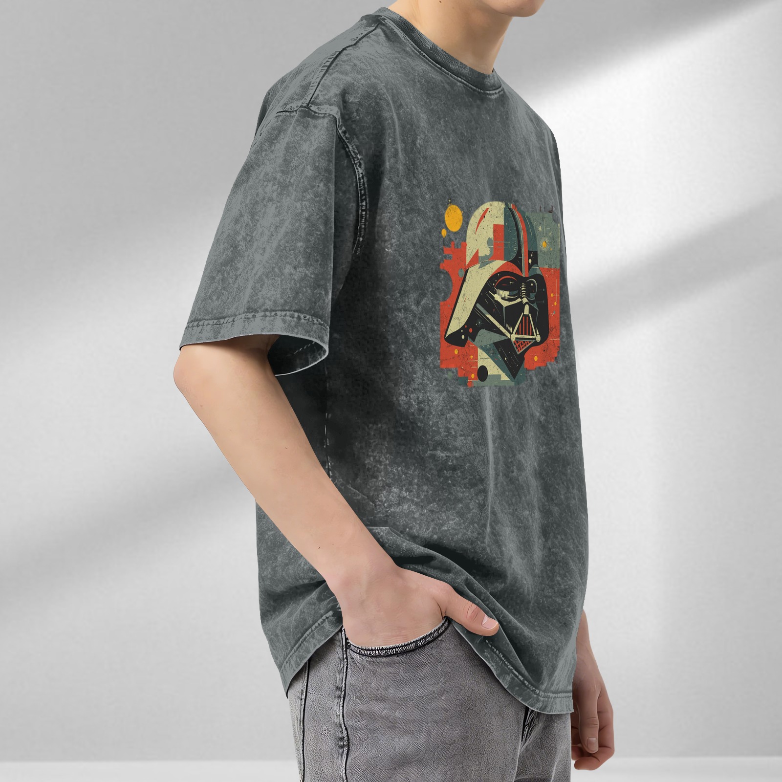 Washed Black T-Shirt with Retro Darth Vader Graphic