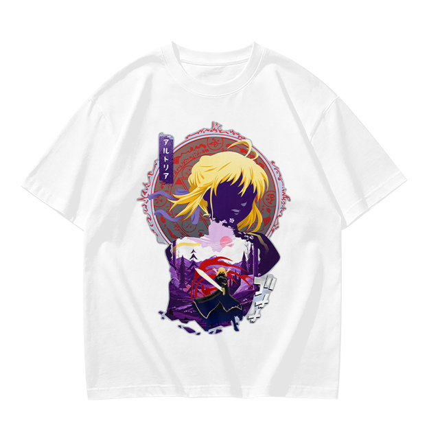 Olive green anime graphic t-shirt with Saber character print