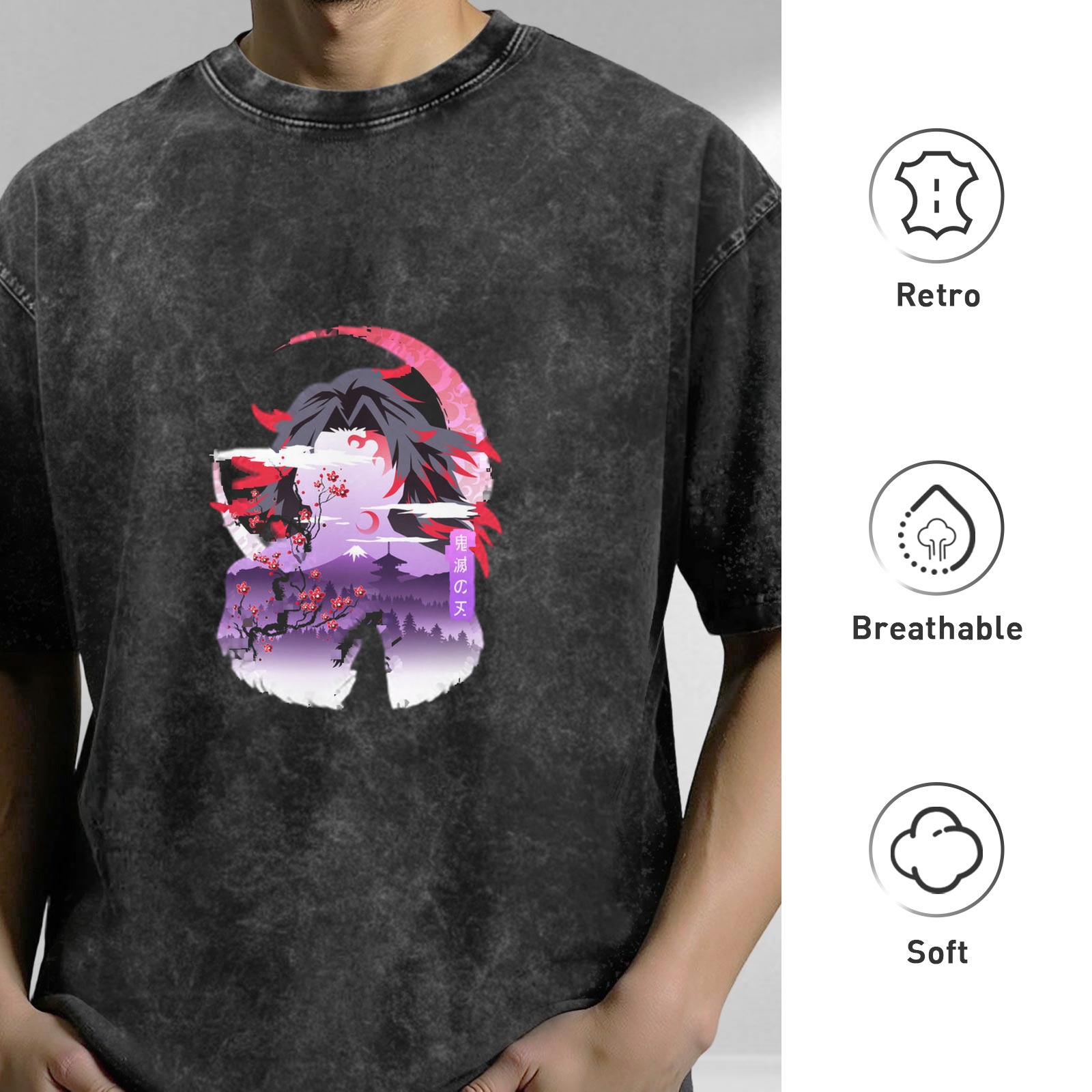 Oversized dark washed anime graphic t-shirt with samurai and cherry blossom design