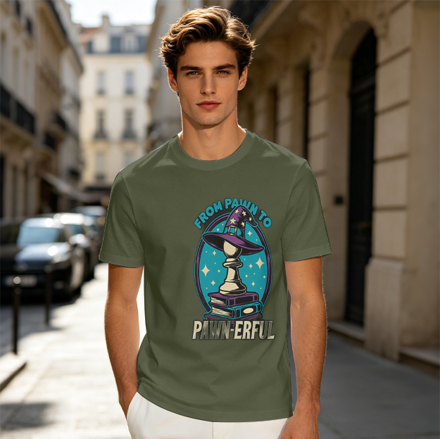 Olive T-Shirt With Chess Pawn Wizard Hat 'From Pawn To Pawn-erful' Print