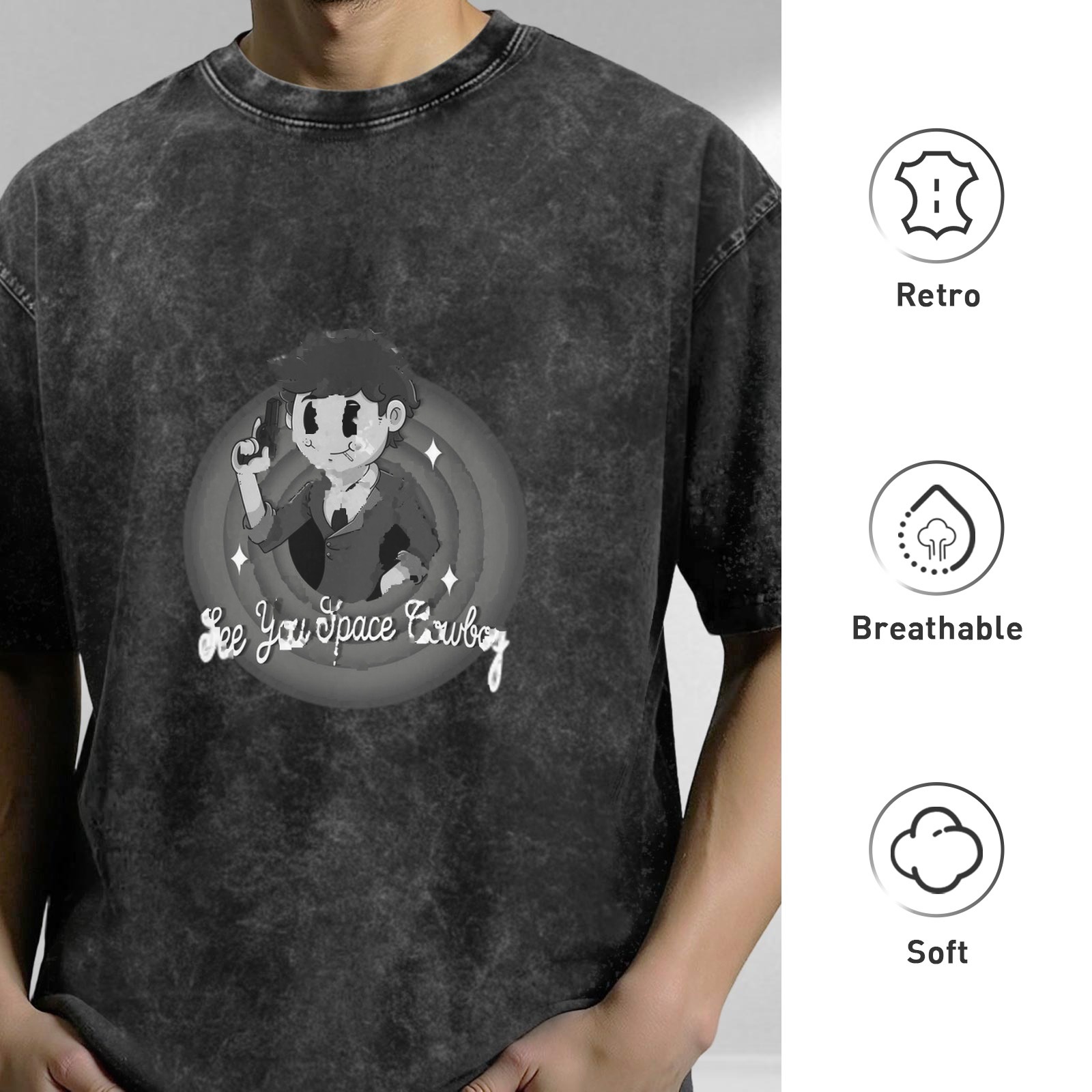 See You Space Cowboy Anime Graphic Washed Black T-Shirt