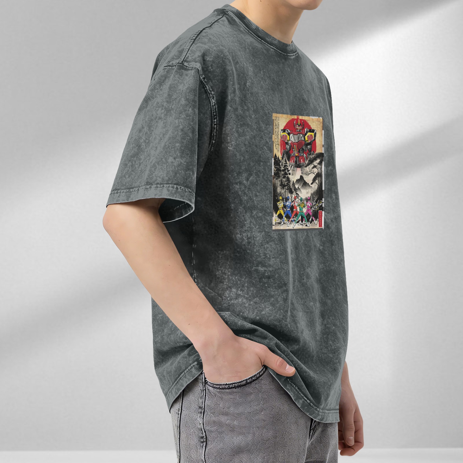 Retro washed black short-sleeved T-shirt Japanese Ukiyo-e style Super Sentai pattern Loose casual distressed top