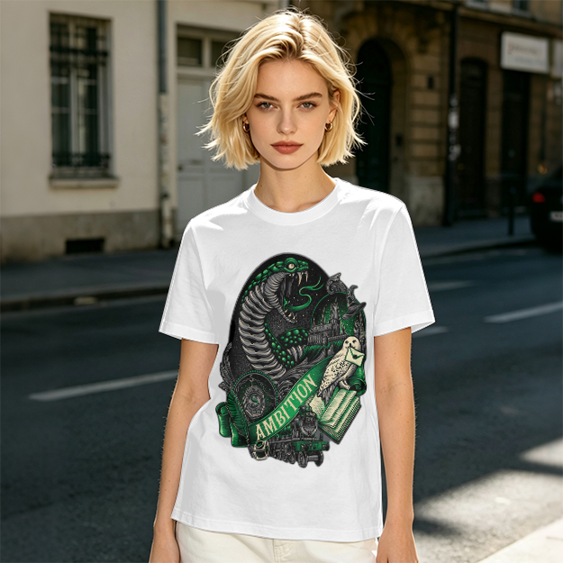 Olive Green T-Shirt With Slytherin Ambition Snake Owl Graphic