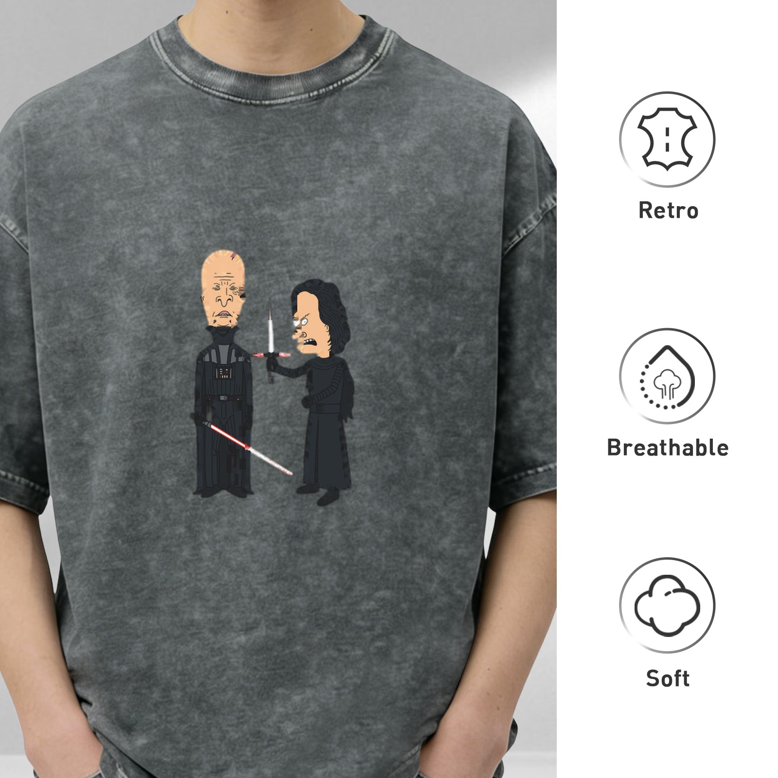 Washed black t-shirt with Beavis and Butt-Head Star Wars Darth Vader vs Kylo Ren graphic