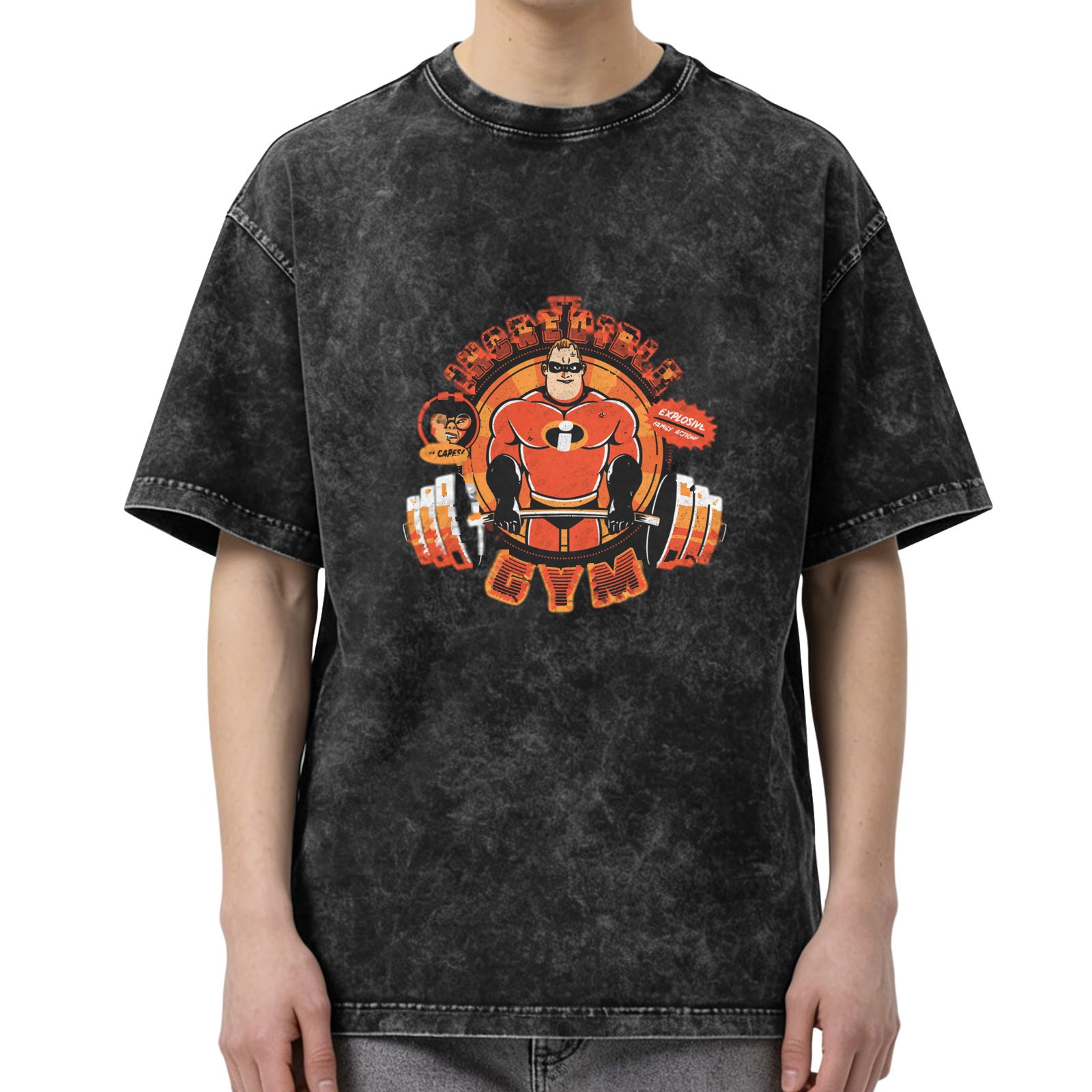 Washed black t-shirt with Incredibles gym weightlifting graphic
