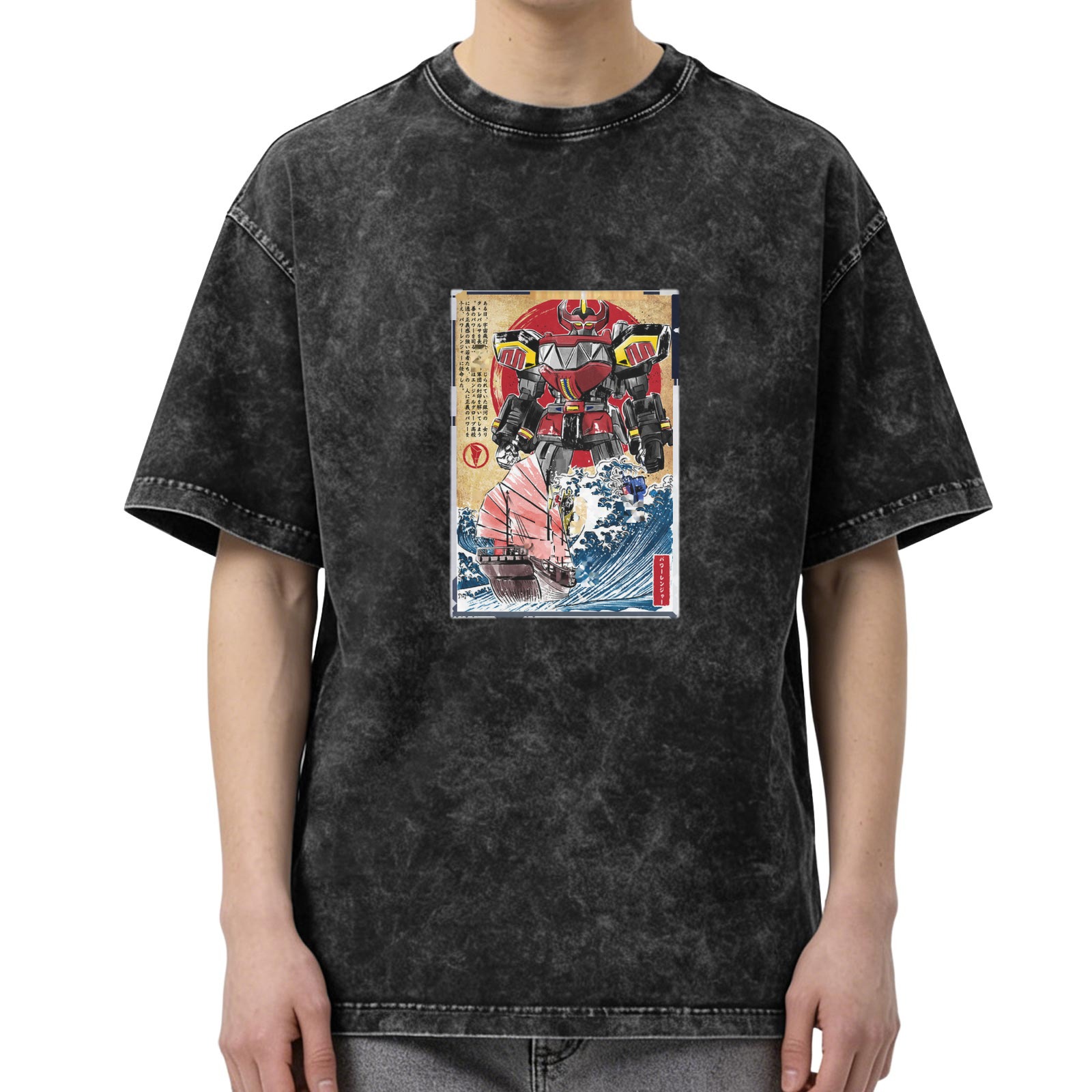 Washed Black T-Shirt with Japanese Style Giant Robot and Wave Graphic