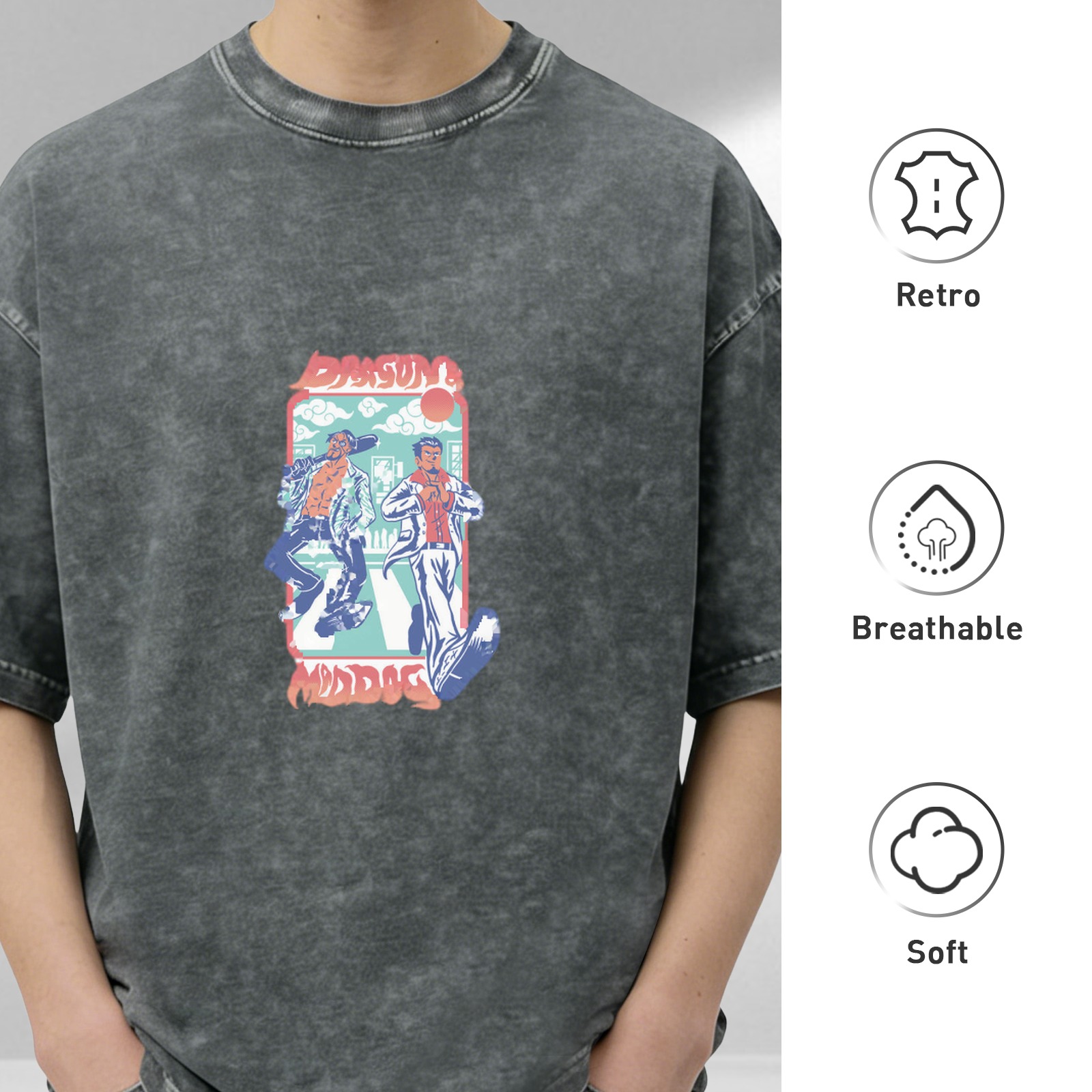 Vintage Washed Graphic T-Shirt with Retro Street Characters Print