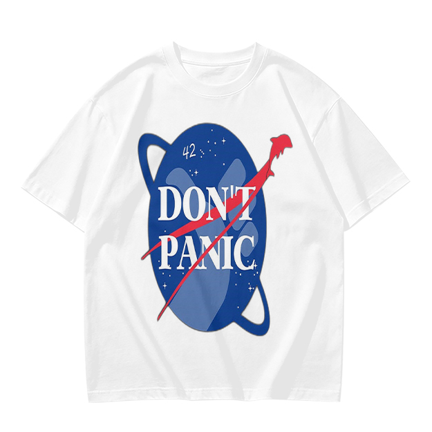 Olive green space-themed t-shirt with 'Don't Panic' print