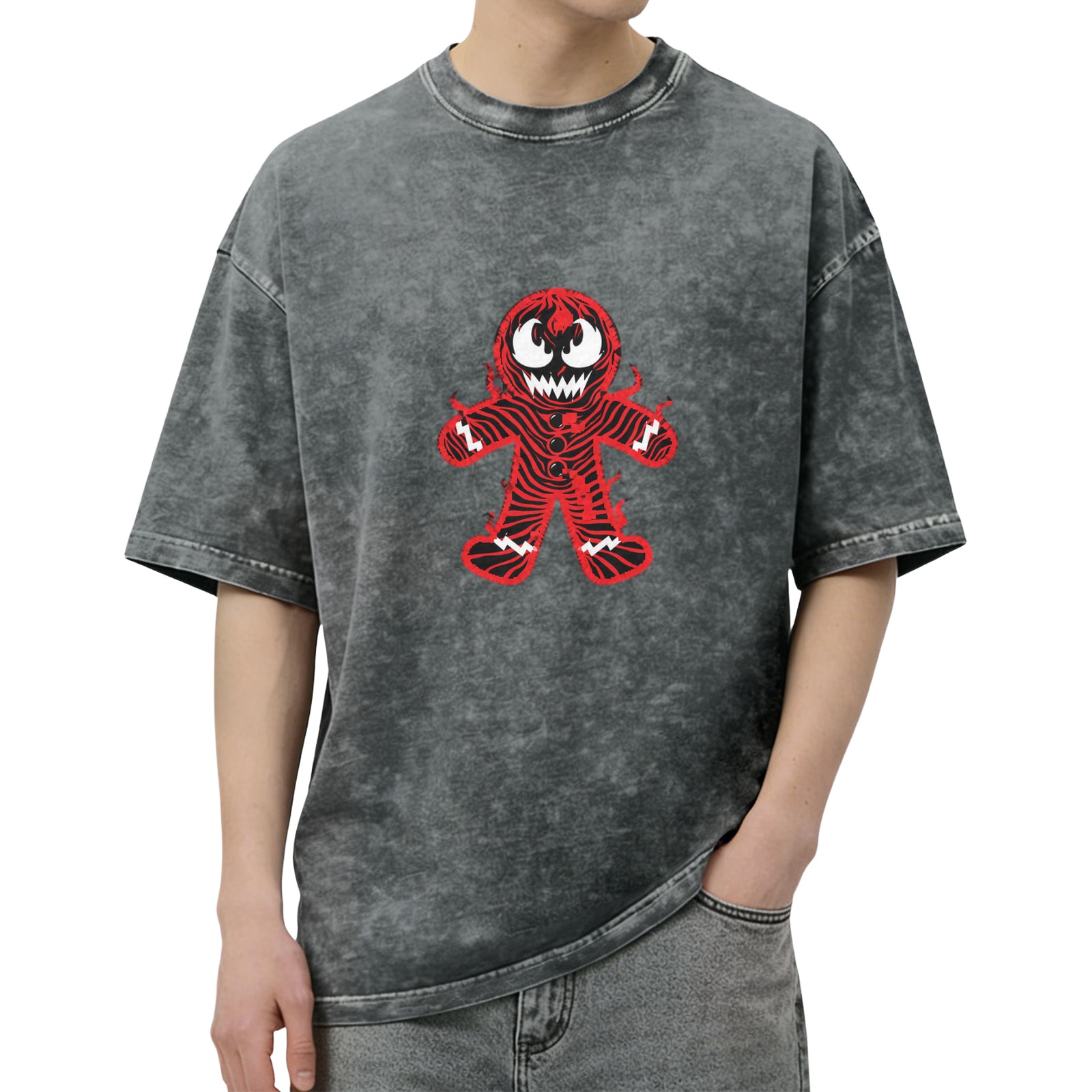 Oversized Acid Wash T-Shirt With Evil Gingerbread Man Print