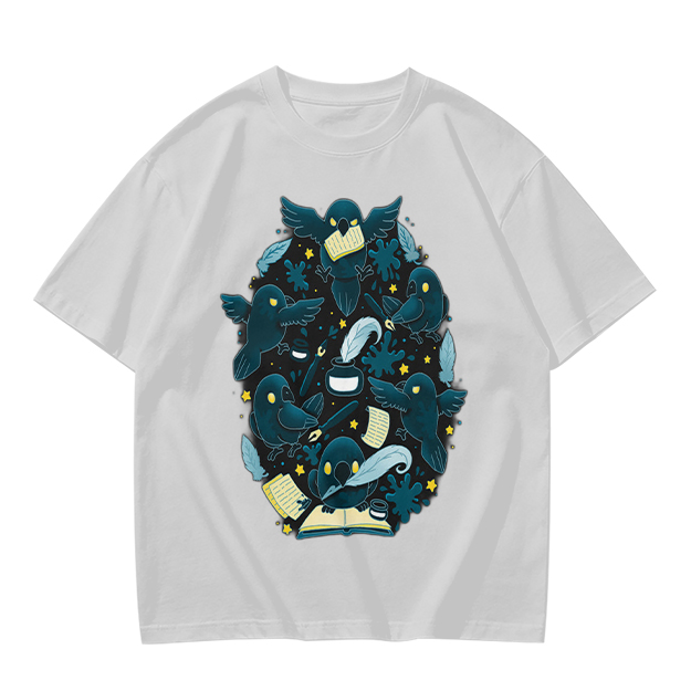 Olive T-Shirt With Whimsical Crow And Stationery Print